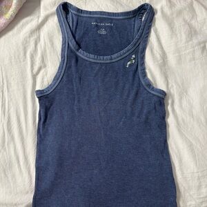 American Eagle Ribbed Blue Tank with Floral Detail